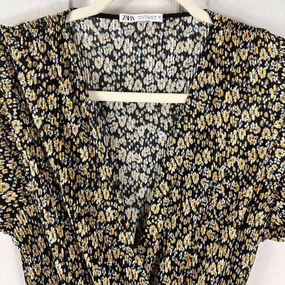 Zara Black & Yellow Floral Printed Crinkle Wide Leg Belted Jumpsuit Size Small - Picture 4 of 14